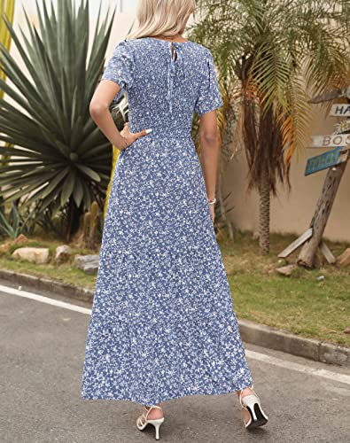 Image of Kranda Women 2025 Summer Fall Crewneck Short Sleeve Smocked Floral Maxi Dress