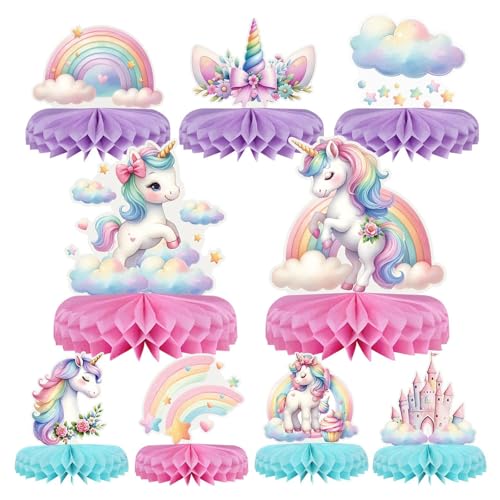 Bubaxuce 9 Pièces Décorations D’anniversaire Licorne Nappes, Ornements De Table Licorne Pastel Arc-En-Ciel Miel Alvéoles Centre De Table Fête