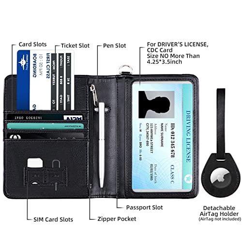 WALNEW AirTag Passport Holder, PU Leather Airtag Wallet RFID Blocking Passport Cover Travel Essentials Case for Women Men (Black)3