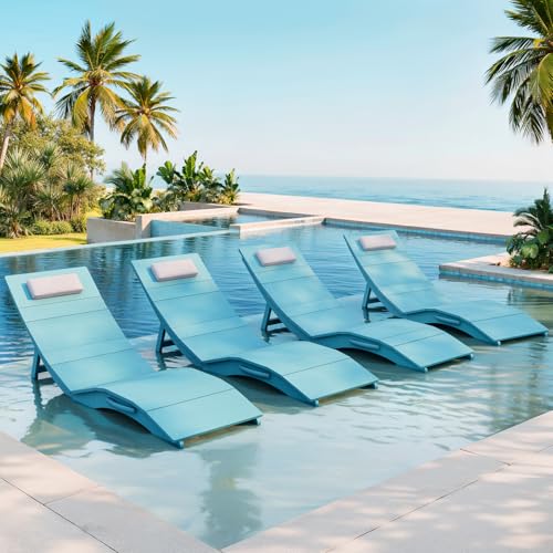 Image of Stoog Pool Chaise Lounge Chairs Set of 4, HIPS Anti-Floating Folding Outdoor Chaise with Headrest, Heavy Duty Patio Furniture for Poolside, Hotel, Beach & Sun Decks, Turquoise