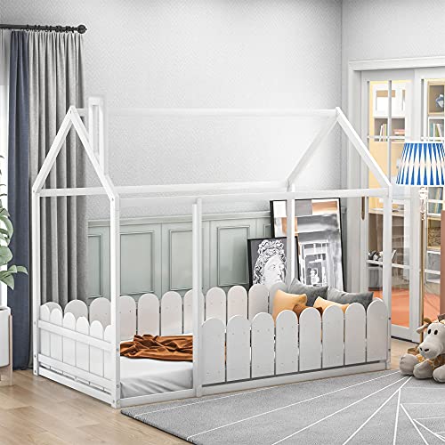 Harper & Bright Designs House Bed Twin Kids Bed Frame with Roof and Fence, Box Spring Needed, for Kids, Teens, Girls, Boys (White)