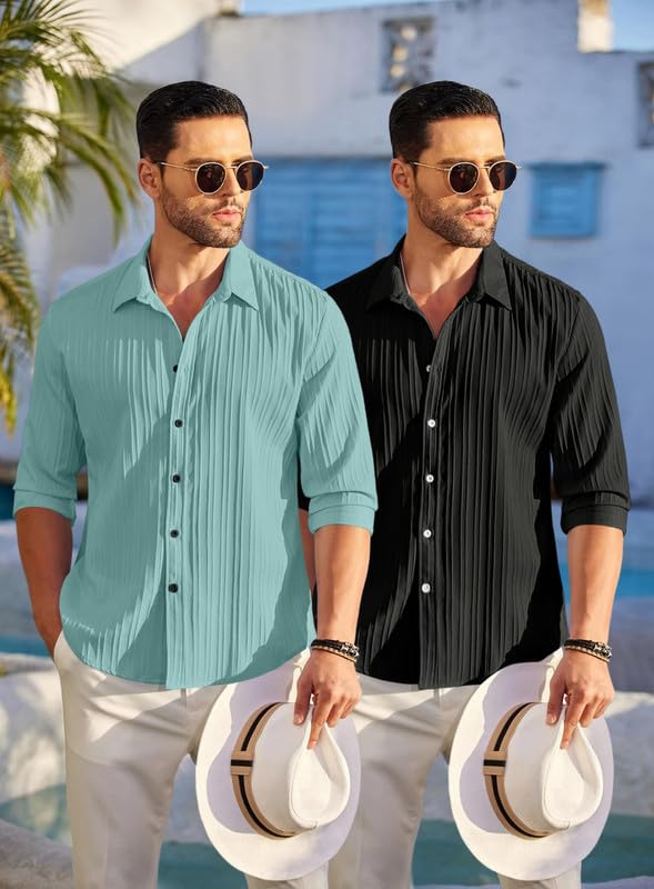 Image of FINIVO FASHION Men's Cotton Blend Shirt Set Lightweight, Full Sleeves, Plain Texture, Button Closure, Summer Ready (Pack of 2)