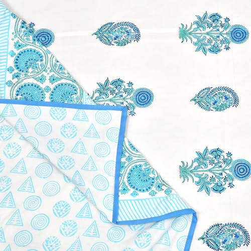 Image of BLOCKS OF INDIA 100% Cotton Dohar King Size Reversible Hand Block Printed Malmal Summer Dohar /Blanket (Blue Kairi)