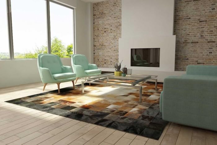 ZAWAYA HOUSE Cowhide Leather Rug, Luxurious Brown and Black Rugs, Elegant Square Design Patchwork Leather Carpet, Vintage Rugs for Bedroom, Living