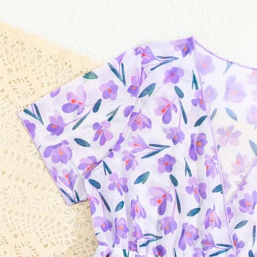 Kids Girls Floral Short Sleeve Kimono Wrap Ruffle Bikini Top with Brief 3 Pcs Bathing Suits3