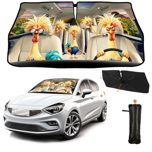 CHILLTEK Print Rooster Windshield Sun Shade Funny Rooster Sun Shade for Car Front Window Block UV Rays Foldable Umbrella Windshield Sun Visor Protector Keep Vehicle Cool for Most Vehicles