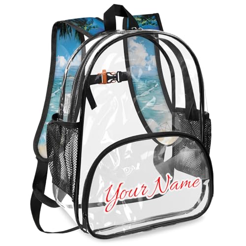 Personalized Large Clear Backpack Stadium Approved Heavy Duty PVC Plastic Custom Transparent Backpacks See Through Bag with Name, Tropical Beach Hawaiian Palm Trees2