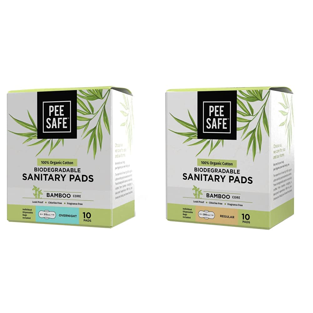 PEESAFE Organic Cotton, Biodegradable Overnight Sanitary Pads (Regular) - Pack of 10