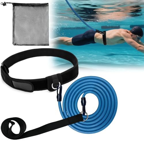 WONEWTH Swim Tether Belt Stationary Swimming 2M Pool Swim Bungee Cords Resistance Band Swim Trainer Harness Belts for Adults Exercise (Black)