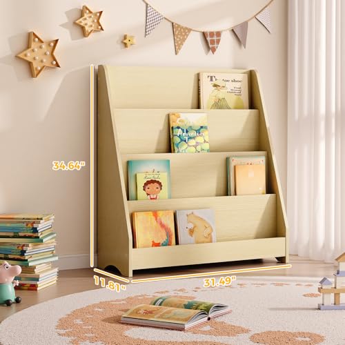 Image of Tatub 4 Tier Kids Wooden Bookshelf, Toddler Sling Bookcase Montessori Bookshelf, Children Front Facing Book Shelf for Nursery, Playroom and Classroom, Natural Wood