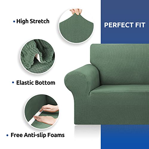 KEKUOU Stretch Loveseat Sofa Cover Slipcover,Couch Covers for 2 Cushion Couch Sofa (55"-78") Furniture Protector Sofa with Elastic Bottom for Kid,Dog. Jacquard Small Checked (Medium,Greyish Green)