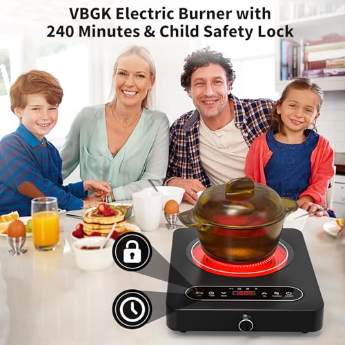 Image of VBGK Single Burner Electric Cooktop, 110V 1800W Electric Cooktop with LED Touch Controls and Knob Controls, 10 Power Levels, 4-Hour Timer, Safety Lock, Single Burner Overheat Protection