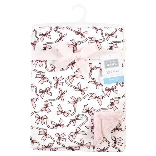 Image of Hudson Baby Unisex Baby Plush Blanket with Furry Binding and Back, Pink Bows, One Size