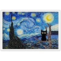 絵画。原画☆キャンバス F10【夜、黒猫が星を抱いて願い事をする】 絵画。原画☆キャンバス F10【夜、黒猫が星を抱いて願い事をする】