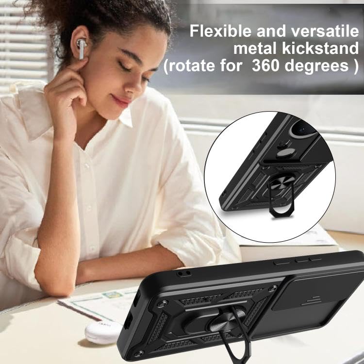 Image of SPAZY CASE Vivo T4 Ultra Back Cover | Heavy Duty Hybrid Case with 360 Degree Rotating Finger Ring Holder + Slider Shutter Camera Protection Case for Vivo T4 Ultra - Black