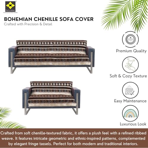 Image of Elegant Woven Brown Sofa Cover - Soft Chenille Traditional Pattern with Lace Style | L-Shape Sectional Seat Protector for Living Room | Durable & Stylish Slipcover 3+2 Seater Sofa Cover