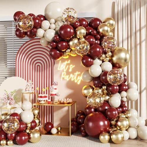 Burgundy Balloon Arch Garland Kit 140Pcs Burgundy Maroon Gold Sand White Confetti Balloons With Stars for Birthday Christmas Birdal Shower Graduation Party Decorations