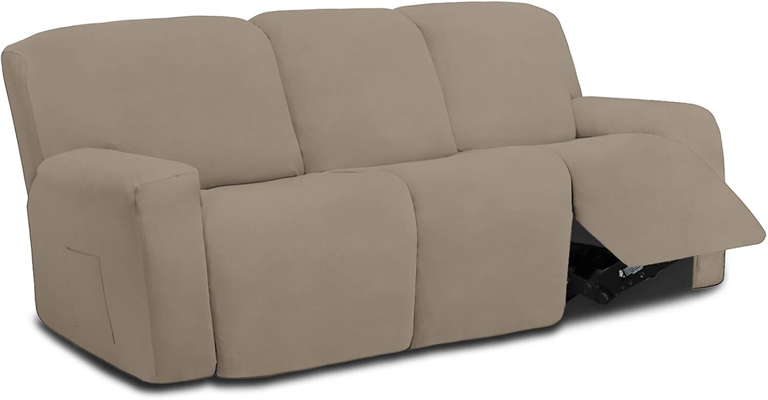 Easy-Going 8 Pieces Microfiber Stretch Sectional Recliner Sofa Slipcover Soft Fitted Fleece 3 Seats Couch Cover Washable Furniture Protector with Elasticity for Kids Pet(Recliner Sofa, Natural) Recliner Sofa Natural