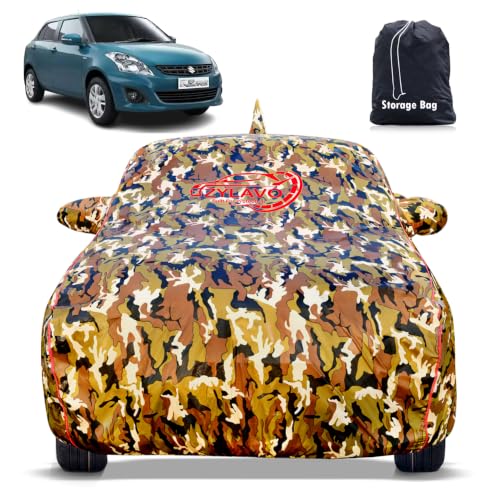 Image of Maruti Dzire 2012-2016 Models Premium Car Cover | Waterproof, UV & Dust Protection | Mirror & Antenna Pocket | Triple Stitched, Soft Inner Lining, Belt & Buckle (Jungle Print)