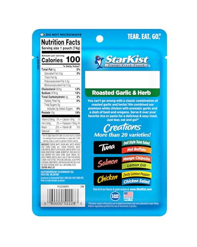 Image of StarKist Chicken Creations Roasted Garlic & Herb, 2.6oz Pouch, 12-Pack | 10g Protein Per Serving, Fully Cooked White Meat, No Draining, Ready to Eat for Salad and Sandwiches