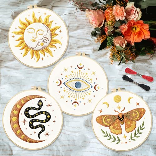 Image of INFUNLY 4pcs Evil Eyes Embroidery Starter Kit for Beginners Moth Cross Stitch Kits for Adults Sun and Moon Stars Snake Stamped Stitches Embroidery Sewing Kit with Patterns Instructions for DIY