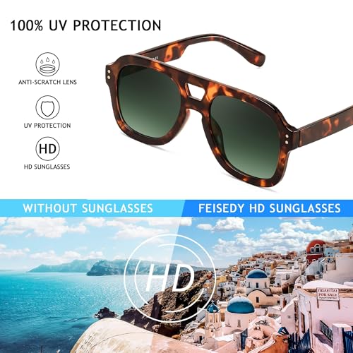 Image of FEISEDY Vintage Aviator Sunglasses Double Bridge Women Men Large Square Thick Frame Trendy Eyewear UV400 B2846