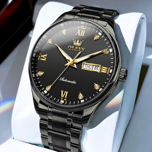 Image of OLEVS Automatic Watches for Men Self Winding Mechanical Classic Diamond Business Luxury Dress Stainless Steel Waterproof Calendar Mens Watch