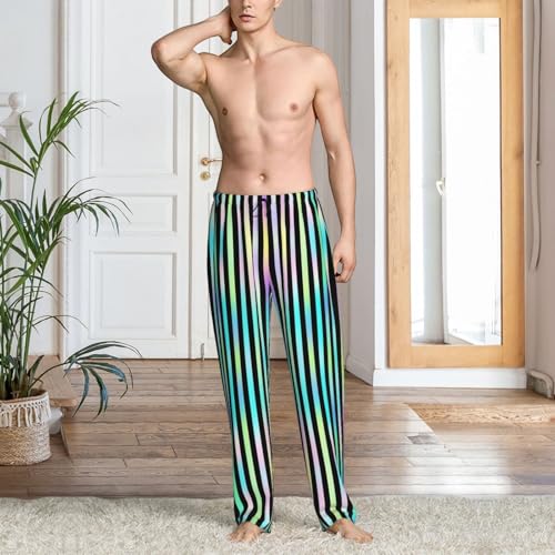 Mens Pajama Pants - Neon Vertical Stripe Print Soft Sleep Lounge Pants For Men, Casual Pj Bottoms With Pockets2