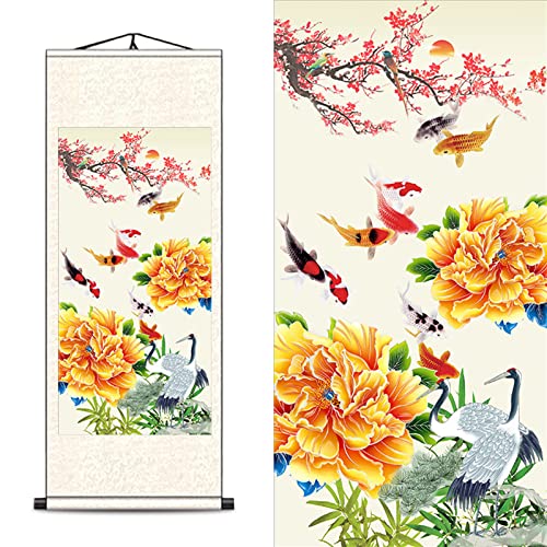 FOVNOT Chinese Silk Scroll Wall Art - Nine Koi Fish Painting with Lotus & Peony, Feng Shui Asian Home Decor, Koi Fish Wall Hanging Scroll