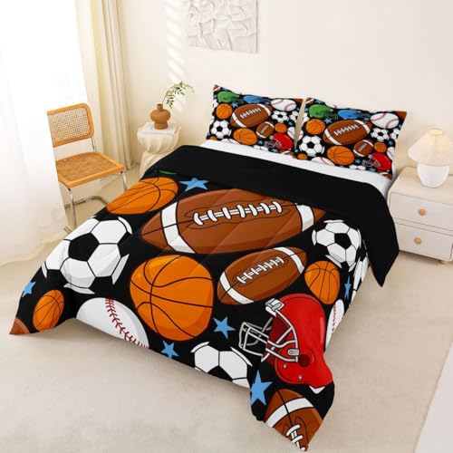 Image of Feelyou Football Kids Comforter Set King Size Basketball Sports Bedding Set Soccer Ball Game Duvet Quilt for Kids Boys Girls Bedroom Black Baseball Gaming Decor Microfiber Ultra Soft Breathable