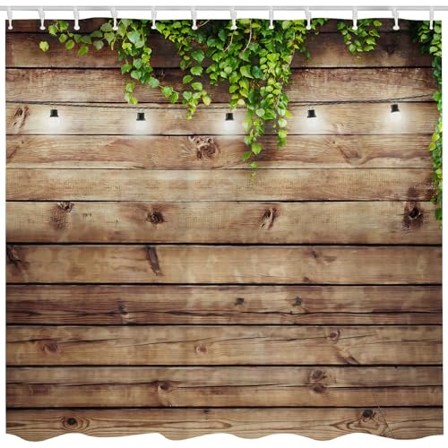 Qucarder Cortina de ducha vintage para puerta de tablón de madera, paisaje de jardín, hojas verdes en casa de campo, cortinas de ducha impermeables para decoración de baño con 12 ganchos, 72 x 72