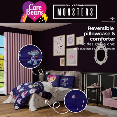 Image of Care Bears x Universal Monsters Halloween Bedding 5 Piece Super Soft Cozy Reversible Comforter and Sheet Set with Sham, Twin, (Officially Licensed Product) By Franco