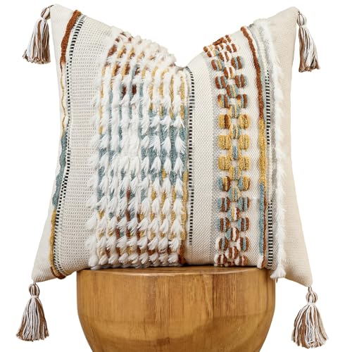Image of AmHoo Chenille Striped Tufted Textured Boho Throw Pillow Covers Aesthetic with Tassels Woven Decorative Pillow Case for Couch Bed Sofa Bedroom Modern Funky 18 x 18-Inch Brown White