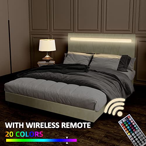 Miyzeal Led Queen Bed With Headboard, Velvet Upholstered Platform Bed Frame Queen Size, Comfortable Sleep Bed Frame With Wood Slat & Center Support Feet, No Box Spring Needed (Beige) #TOP3