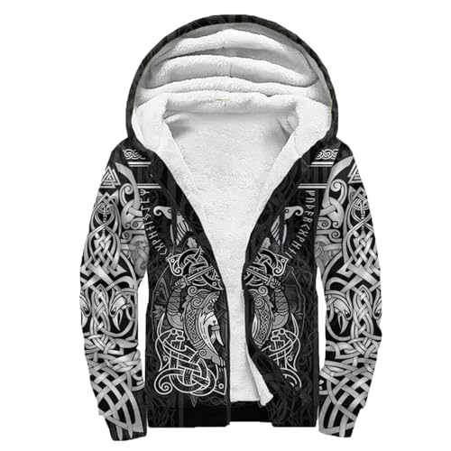 Viking Mens Jackets Winter, 3D Print Full Zip Heavyweight Hoodies, Sherpa Lined Warm OuterwearJacke