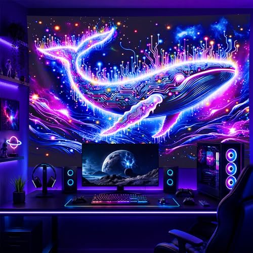 Image of BlissYard Blacklight Tapestry Glow In The Dark Tapestry UV Reactive Tapestry 78x59 Inches Cosmic Whale Fluorescent Wall Hanging with Neon Circuitry Tapestry for Bedroom Space and Technology Theme