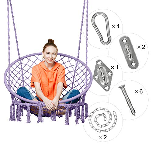 Greenstell Hammock Chair Macrame Swing with Hanging Kits, Hanging Cotton Rope Swing Chair, Comfortable Sturdy Hanging Chairs for Indoor,Outdoor,Bedroom,Patio,Yard, Garden,Home,290LBS Capacity (Purple)