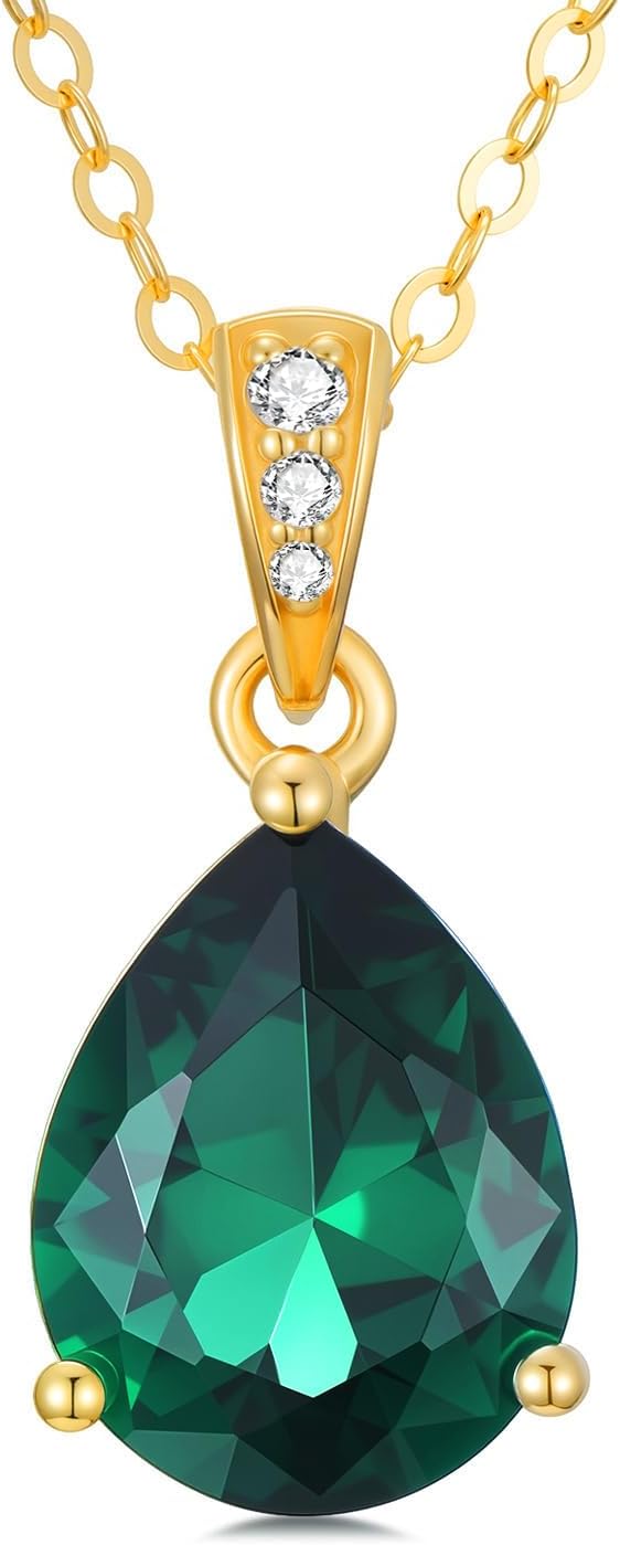 SISGEM 14K Gold Pear Birthstone Necklace for Women, Simple Yellow Gold Teardrop Colored Gemstone Necklace Jewelry Anniversary Birthday Gift