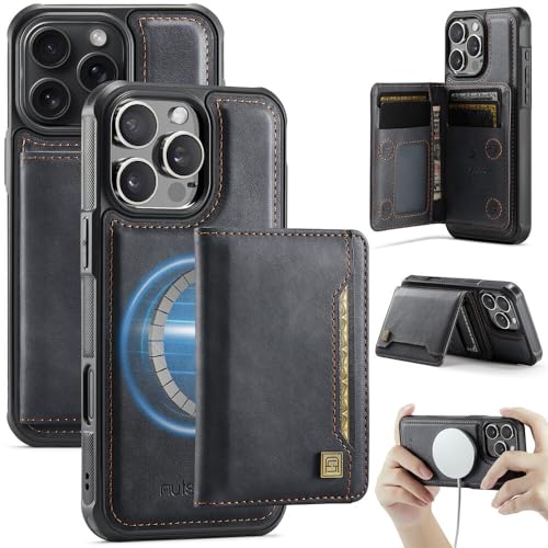 Étui en cuir pour iPhone 16 Plus noir avec portefeuille à rabat magnétique
