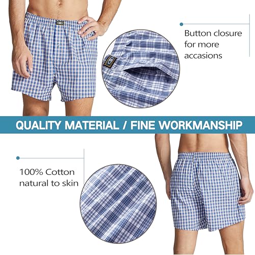 Mens Woven Boxer Shorts 100% Cotton with Covered Waistband Comfortable Loose Fit, Classic Full Cut Plaid Boxers Pack4