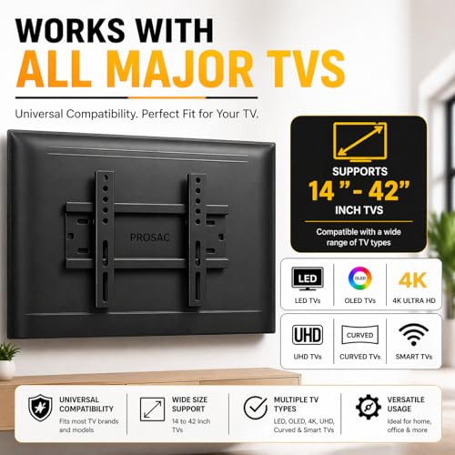 Image of PROSAC Heavy Duty TV Wall Mount Bracket for 14-42 Inches LED /HD /Smart TV'S, Universal Fixed TV Wall Mount Stand(12 Inch) Pack of 10