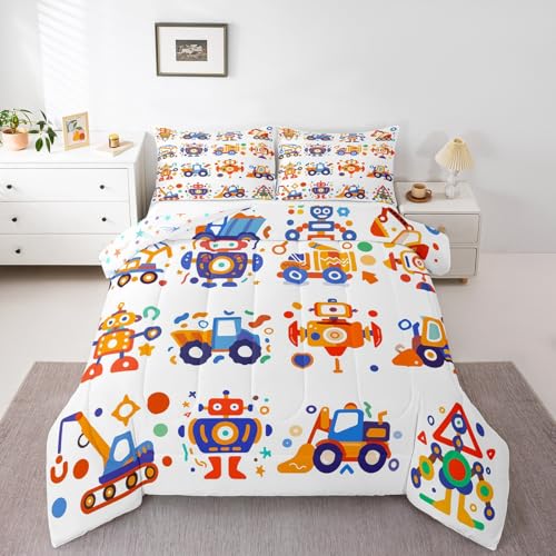 Image of Feelyou Cute Robots Bedding Set Kids Boys Girls Truck Tractor Excavator Comforter Set Toddler Size Watercolor Machine Equipment Duvet Insert Colorful Kawaii Room Decor,Blue Yellow