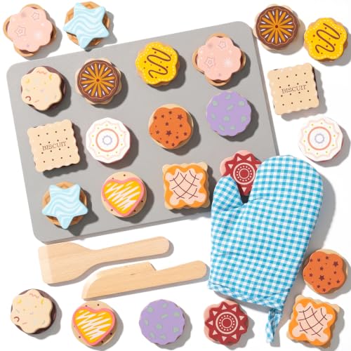 Slice and Bake Wooden Cookie Play Food Set for Kids Kitchen Toys Food Accessories for Toddlers Pretend Play Baking Set for 3 4 5 Years Old Girls Boys Birthday Gifts (Nomal Blue)