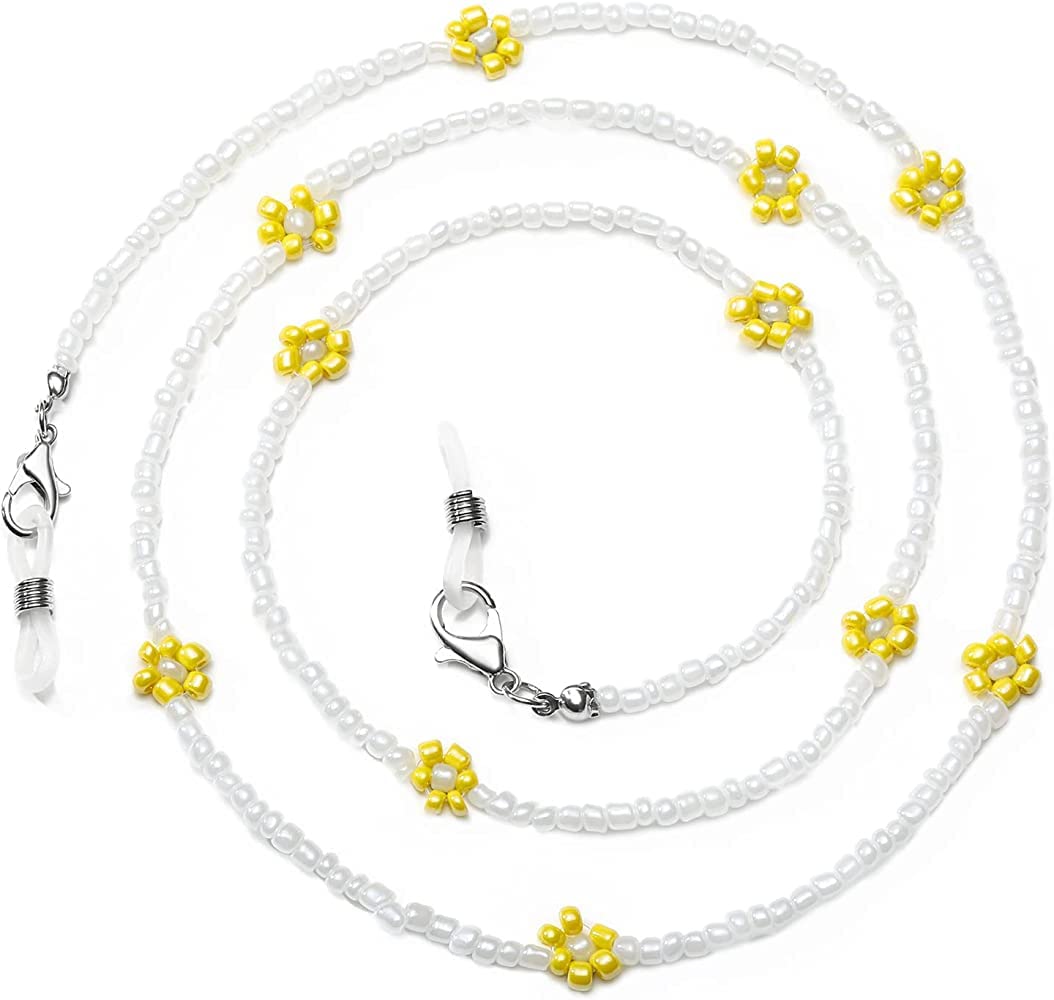 Mask Lanyard Eyeglasses Chain Healing Crystal Beaded Sunglasses Chains/Spectacle Cord with Pearl for Women, Necklace/Bracelet Lanyard Chain (Pack of 1, White Yellow Flower)-image-0