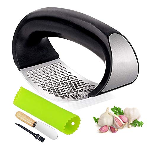 Sunwuun Prensa de Ajo Rocker, Prensa Ajos Acero Inoxidable Raspador y Cepillo de Limpieza del pelador de ajo, Trituradora Squeezer Slicer, fácil de Limpiar (A)