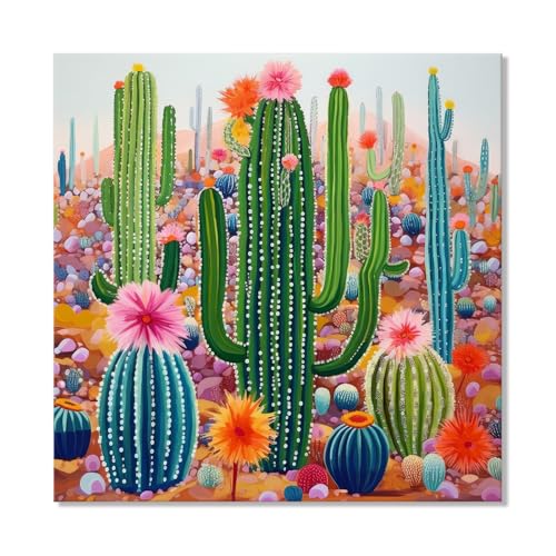 Goldfoilart Botanical Wall Art Framed Canvas - Boho Tropical Plant Print with Cactus & Succulents Green Floral Nature Artwork 24x24 Inch Ready to Hang for Bathroom Living Room Office