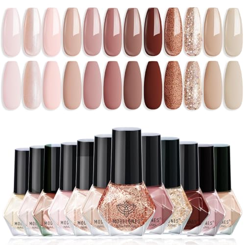 modelones Nail Polish Set 12 Colors Nude Brown Fall Nail Polish Set Champagne Gold Glitter Nail Polish Neutral Nude Pink Shimmer Fall Winter Brown Nail Gifts for Women Girl DIY Salon Home Manicure