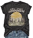 Hiking Shirts Women Summer Camping Shirts Vintage Mountain Sunset Graphic Tees Shirt Casual Short Sleeve Vacation Tops (M, Adventure-Dark Grey)