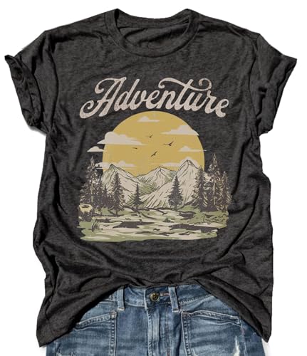 Hiking Shirts Women Summer Camping Shirts Vintage Mountain Sunset Graphic Tees Shirt Casual Short Sleeve Vacation Tops (L, Adventure-Dark Grey)