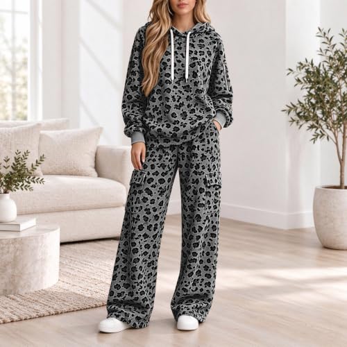Sweatsuits Women 2 Piece Outfit Leopard Hoodie & Cargo Sweatpants Tracksuit | Travel Sets for Women 2 Piece, Oversized, Cheetah Print, Long Sleeve with Zipper, Wide Leg Hiking Sweat Pants, Winter Outfit - image 2